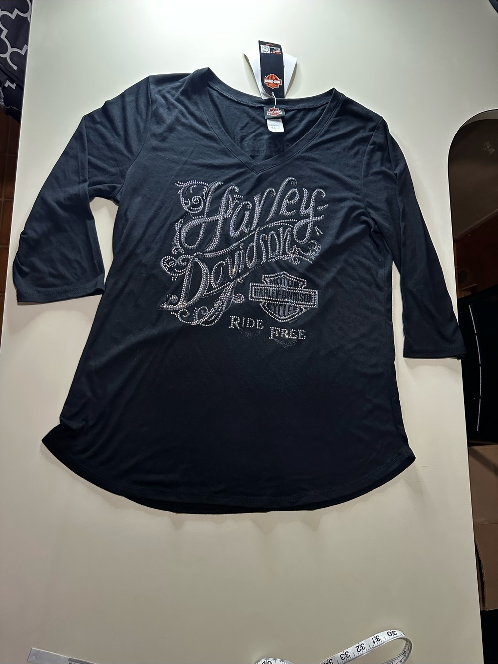 Harley-Davidson Black Rhinestone Script V-Neck Long Sleeve Tee